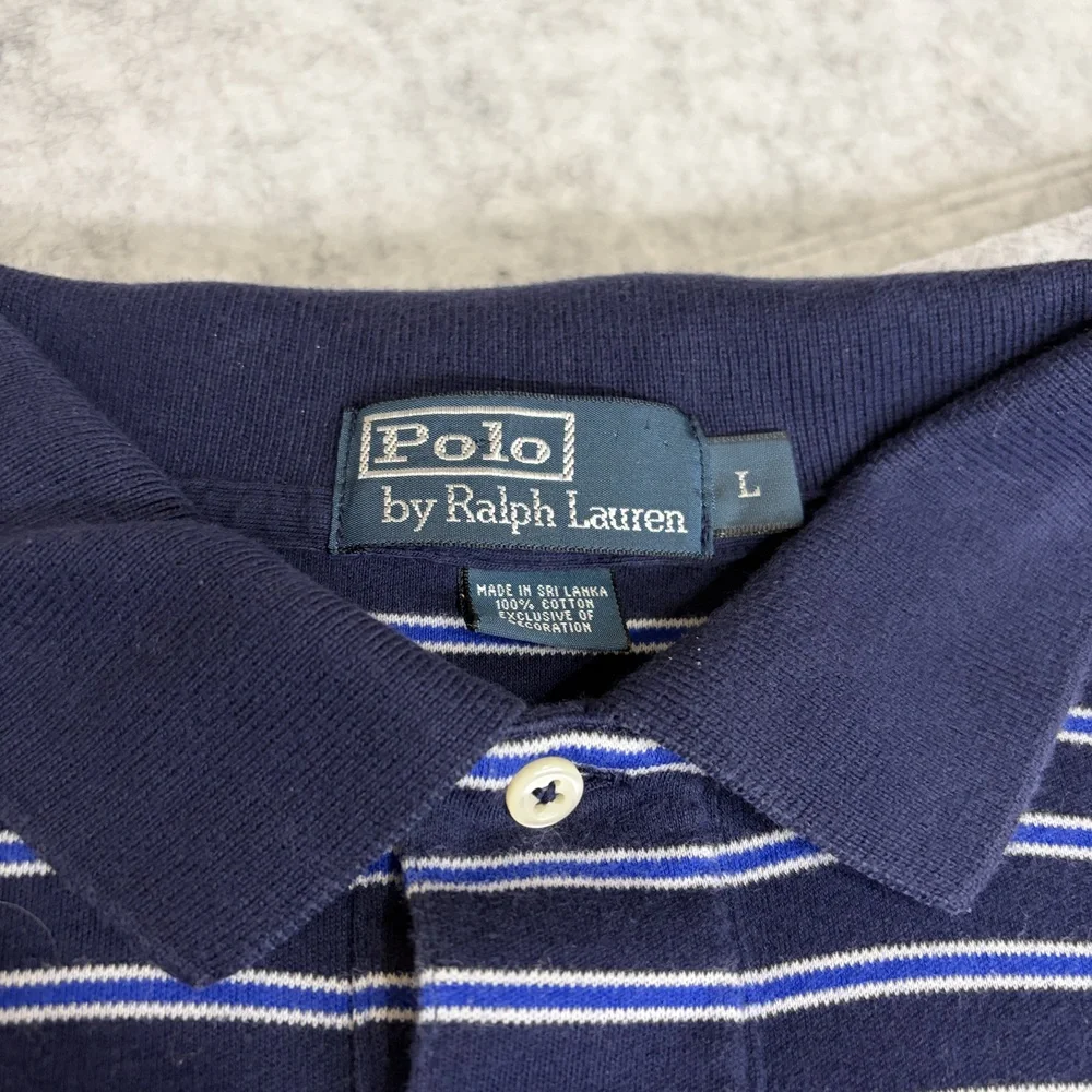 Vintage Polo Ralph Lauren Mens Striped Polo Shirt Navy Blue Large Classic Fit